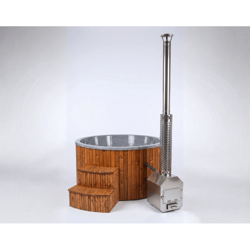 Runder GFK Hot Tub mit außenliegendem Holzofen – Sauna Zeder