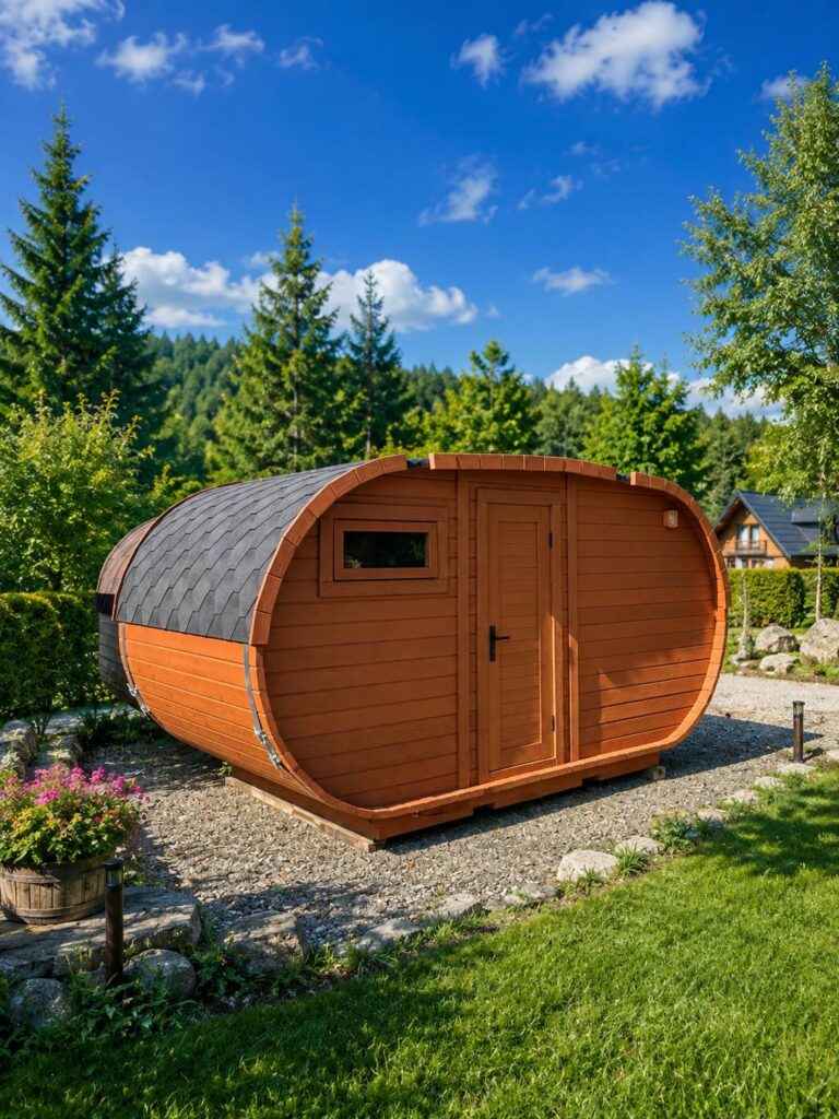 Ovale Gartensauna mit Holztür und kleinem Fenster im Garten