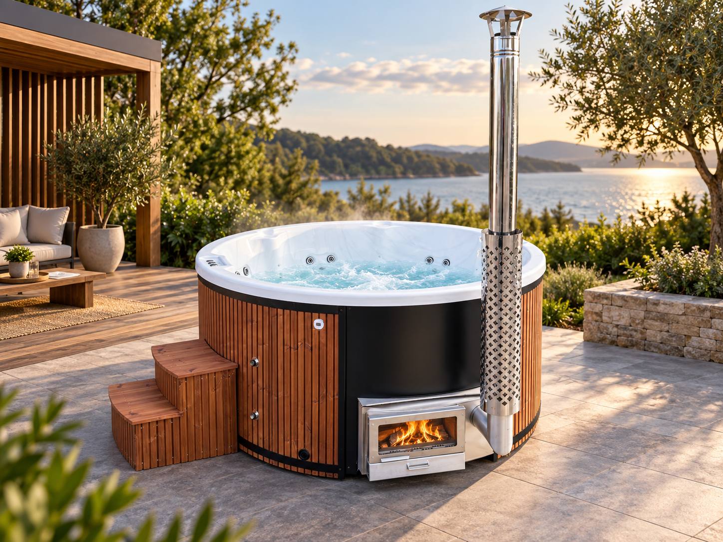Runder Acryl Hot Tub mit Holzofen und Holzverkleidung