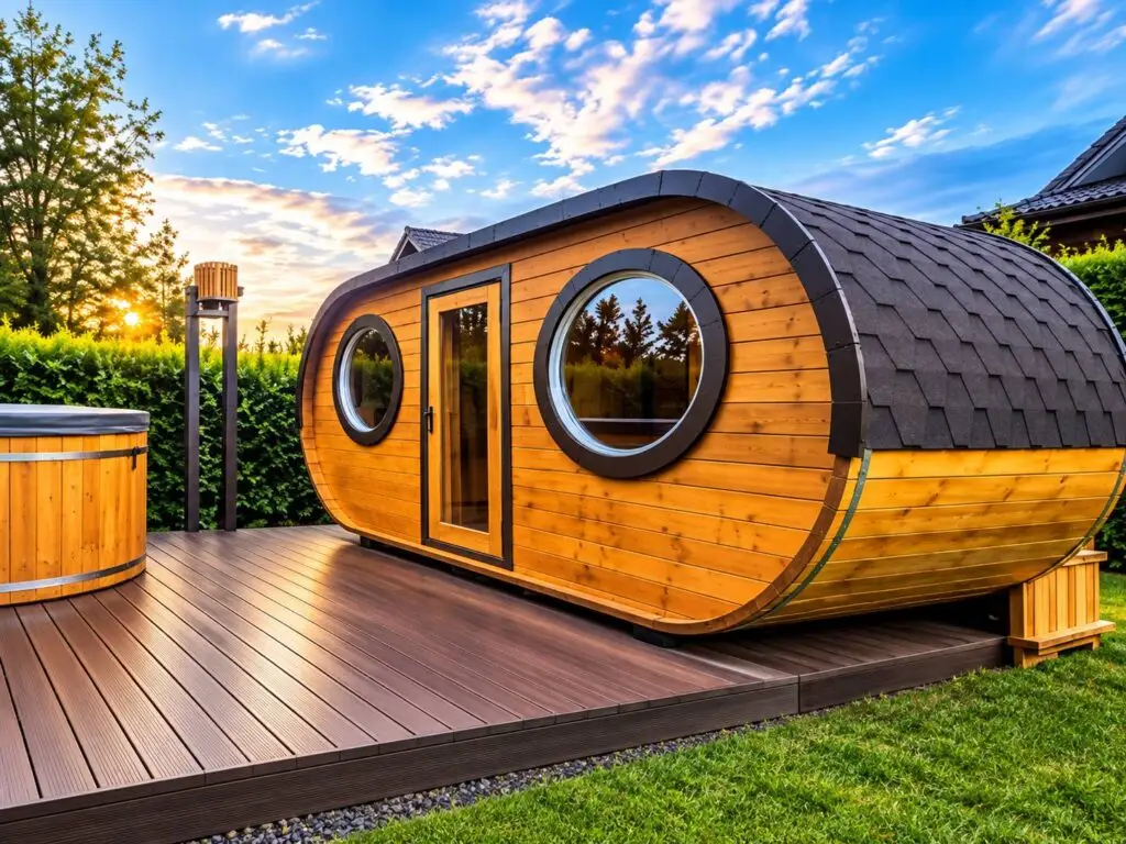 Oval-Sauna mit runden Fenstern im Garten