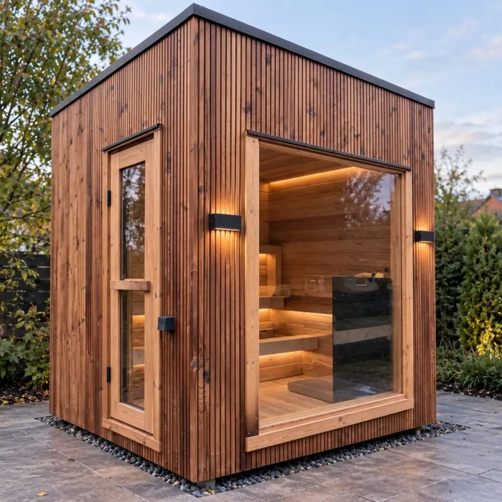 Cube Außensauna mit großem Panoramafenster im Garten