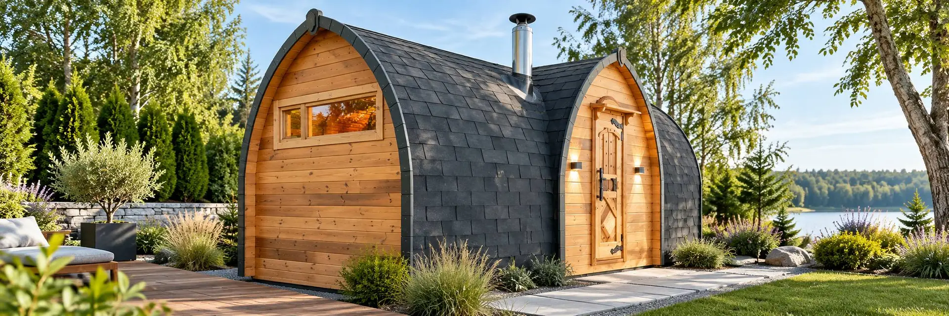 Viking Sauna mit seitlichem Eingang und Bitumenschindeldach im Garten