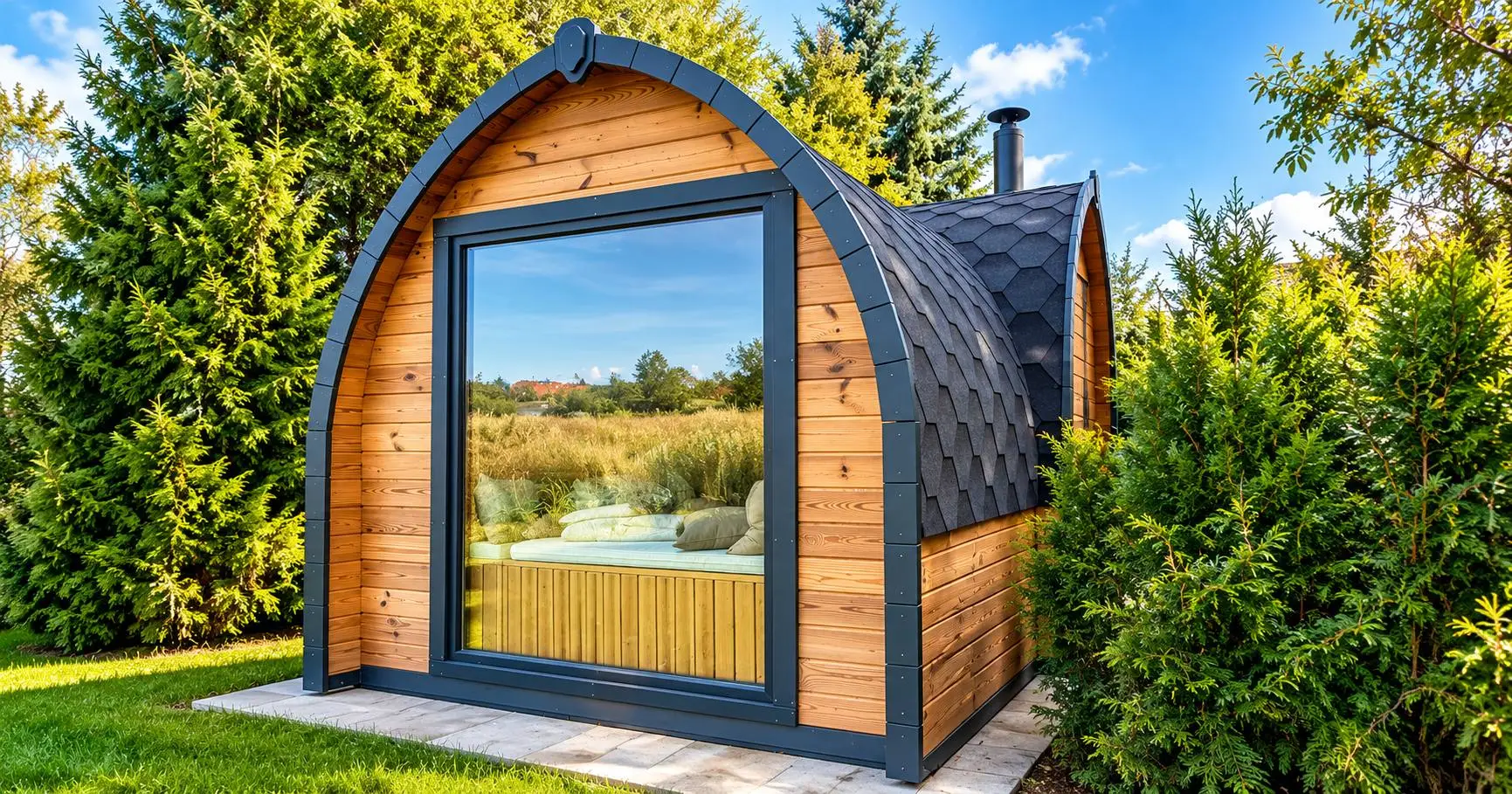 Viking Sauna mit Panoramafenster im Garten