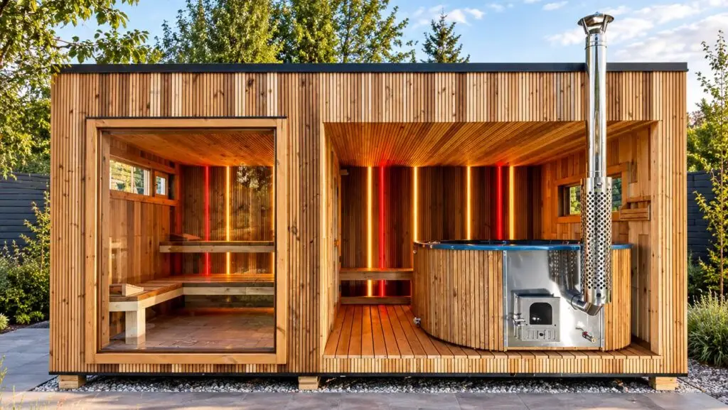 Sauna und Hot Tub unter einem gemeinsamen Dach im Garten