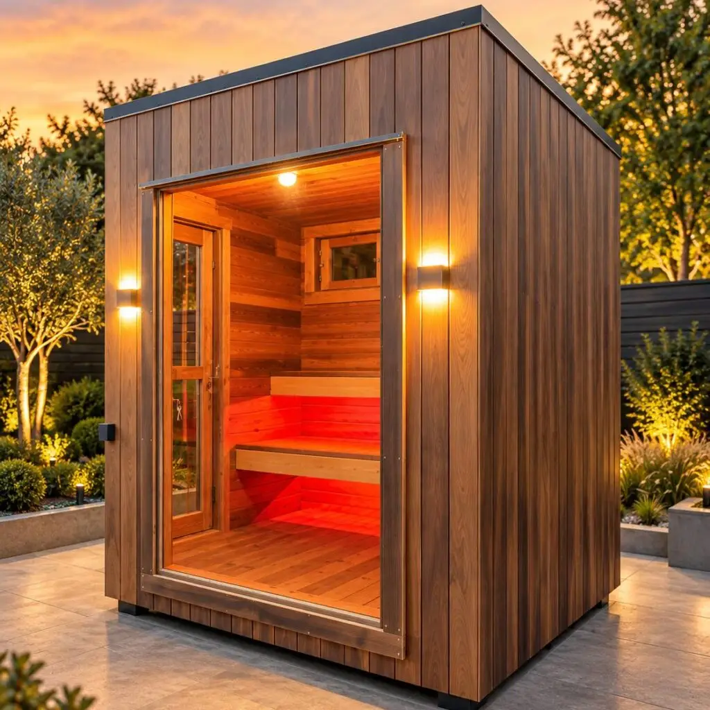 Cube Sauna mit Glasfront und beleuchtetem Innenraum im Garten