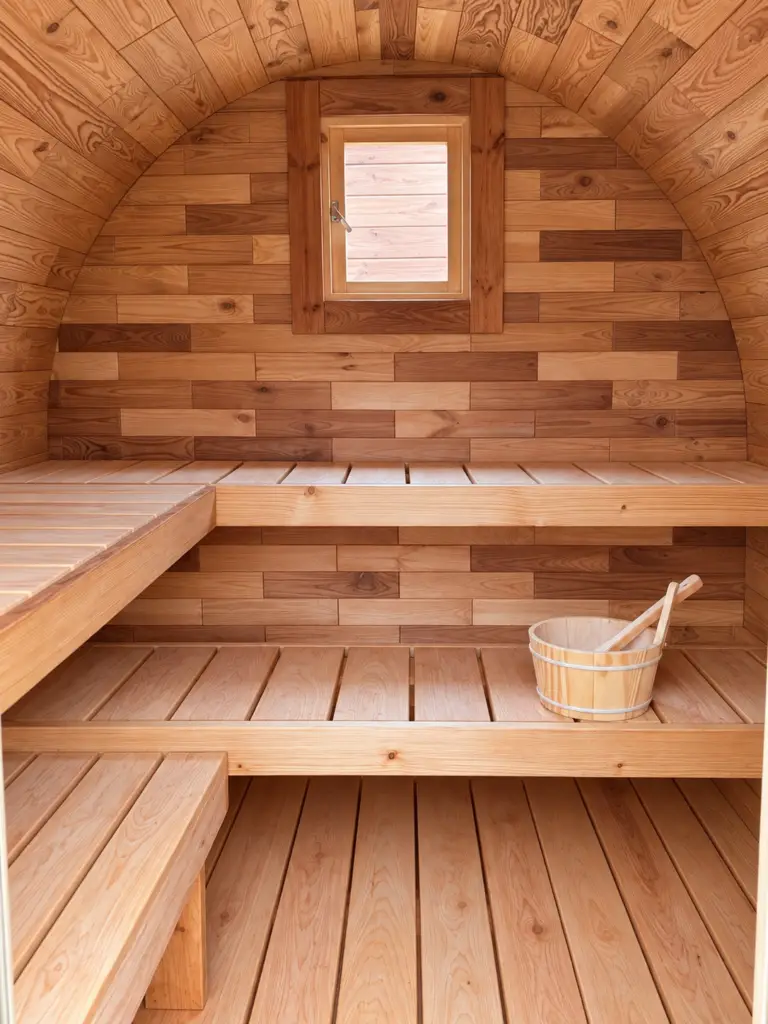 Innenansicht der Ovoid Sauna mit Fenster, Holzverkleidung und L-förmigen Saunabänken