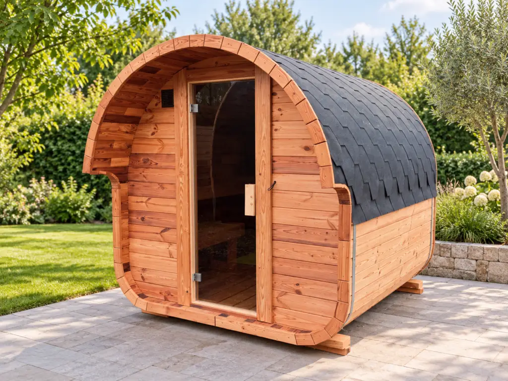 Ovoid Sauna aus Thermoholz mit Vordach und Glastür an der Stirnseite