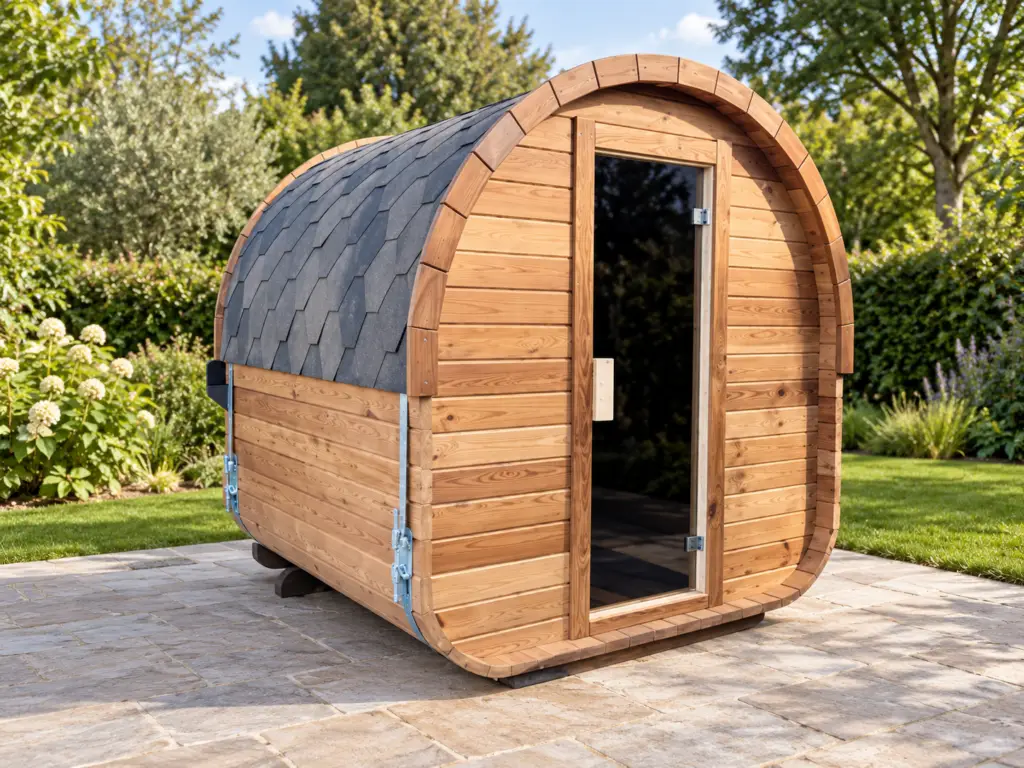 Ovoid Sauna aus Thermoholz ohne Veranda mit Glastür an der Stirnseite