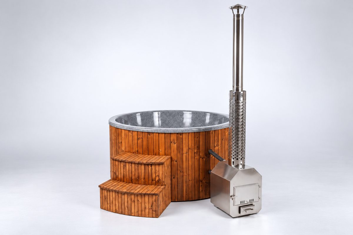 GFK Hot Tub mit Außenofen und grauer Wanne